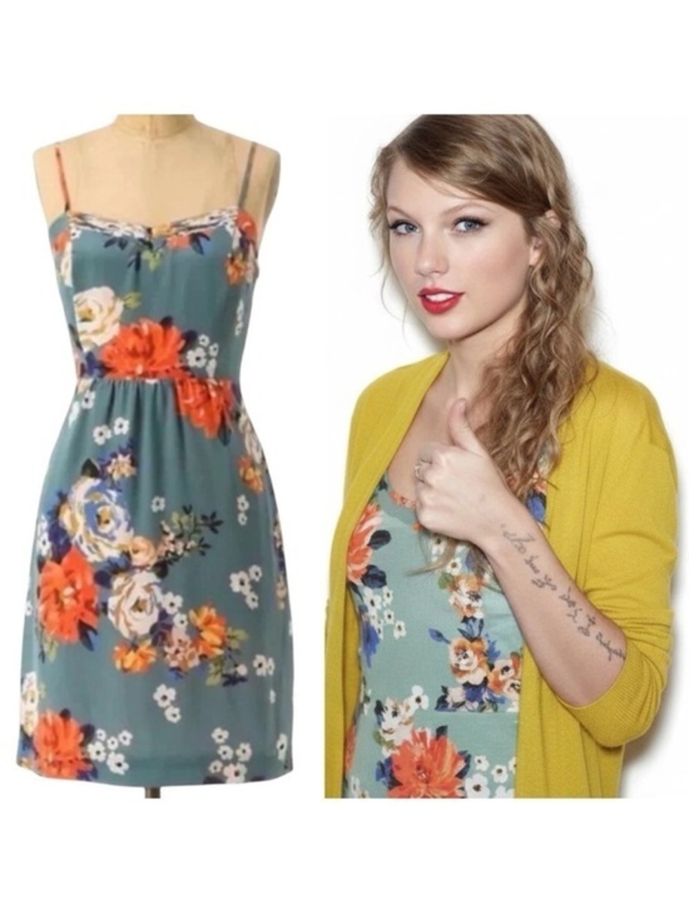 💋Anthropologie Teal Floral Spaghetti-Strap Mini Dress with Orange Blooms